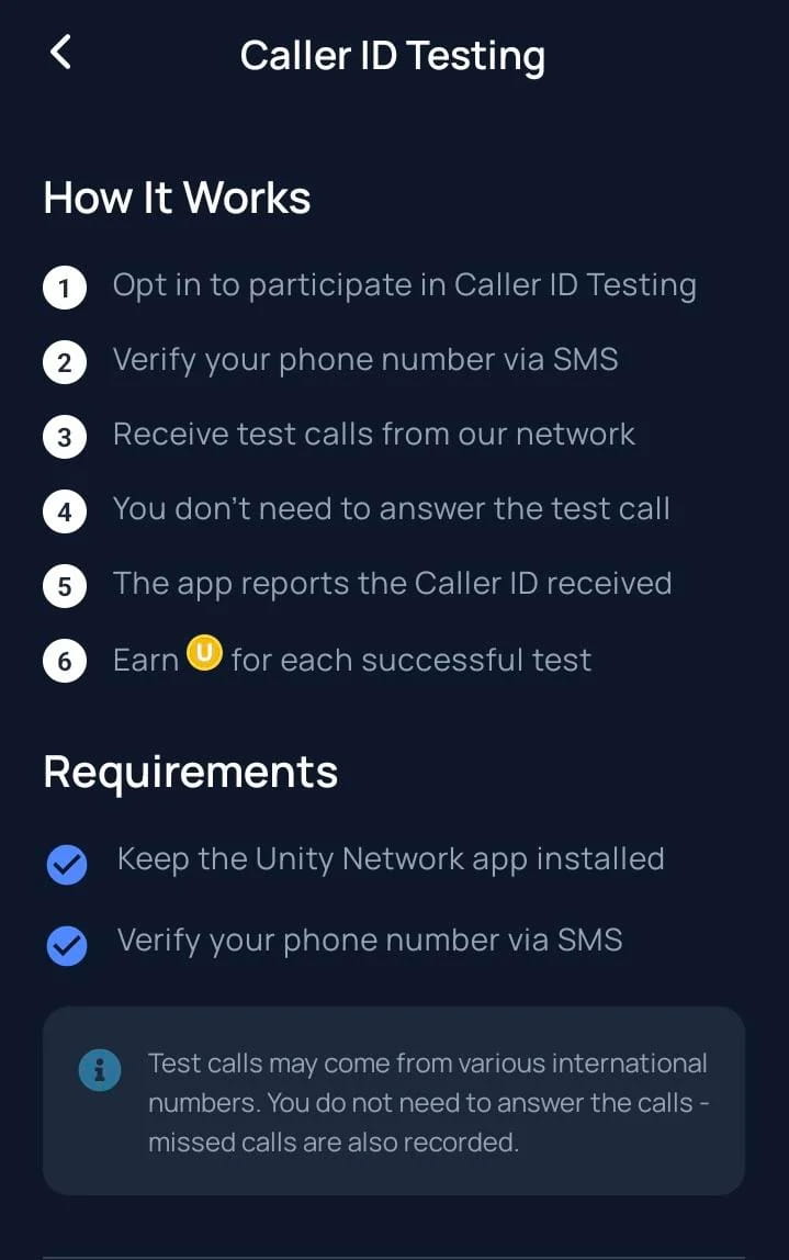 Caller ID testing task screen