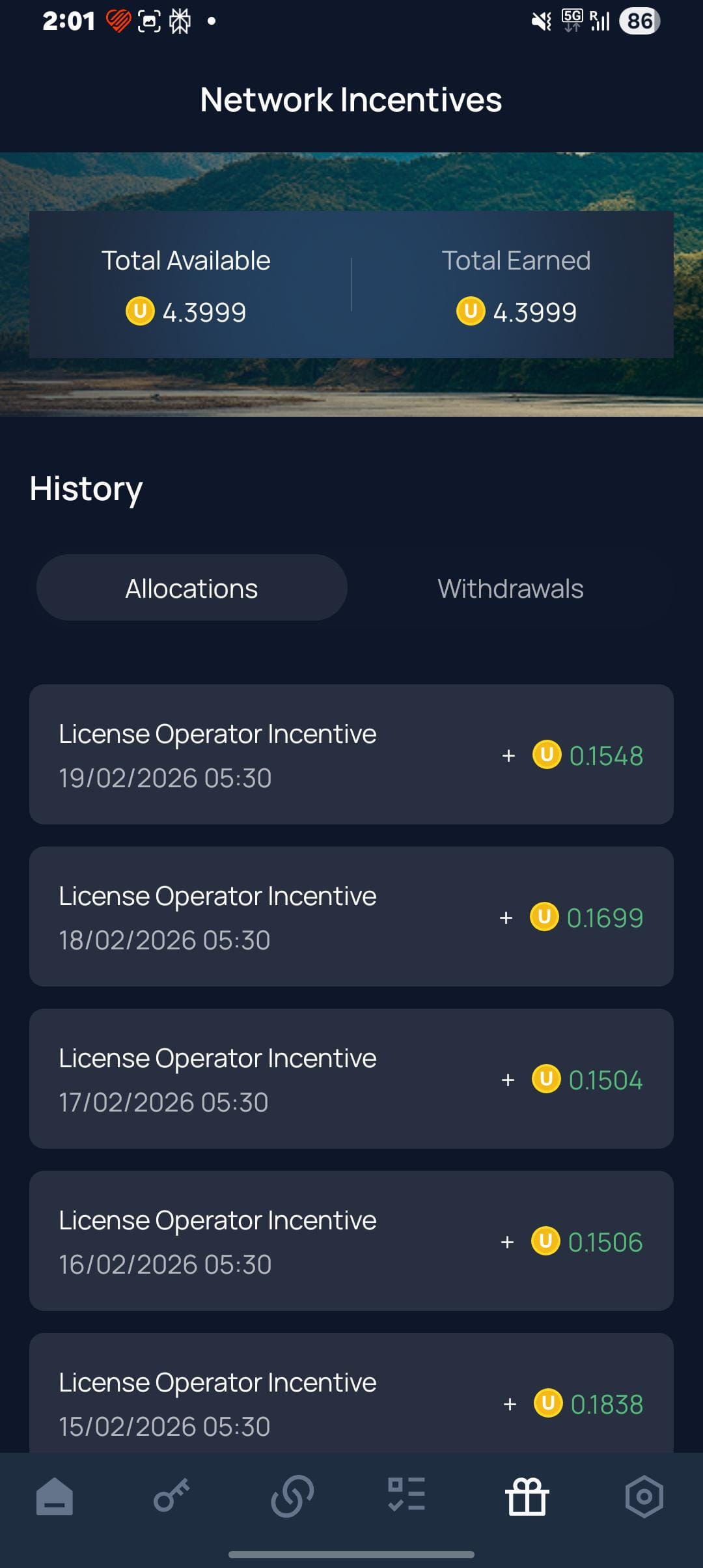 Unity App screenshot showing operator earnings and Unity Points reward information
