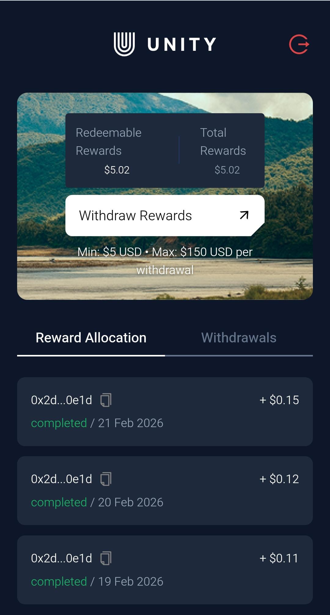 Unity App screenshot showing Unity Points withdrawal workflow in the portal